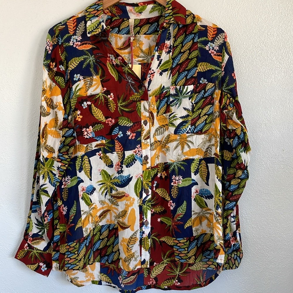 Raga Anthropologie Long Sleeve Boho Tropical Notch Collar Button Up‎ Small
